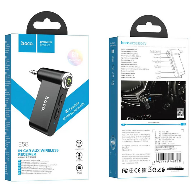 Receptor Inalámbrico Hoco E58 – Bluetooth AUX para Auto y Manos Libres