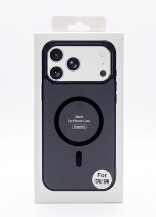 Carcasa magnética TechnoSun negra para iPhone 17 y 18 Pro Max en su empaque blanco