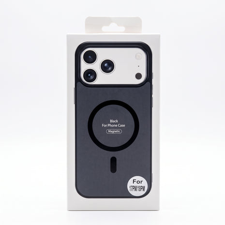 Carcasa magnética TechnoSun negra para iPhone 17 y 18 Pro Max en su empaque blanco