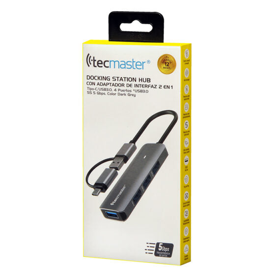 HUB TECMASTER DOCKING STATION CON ADAPTADOR DE INTERFAZ 2 EN 1 TIPO-C/USB 4 PUERTOS USB3.0