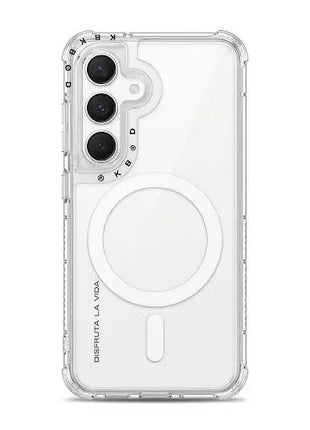 Carcasa magnética KBOD Urban Play para Samsung Galaxy S25 transparente en vista trasera con aro magnético blanco