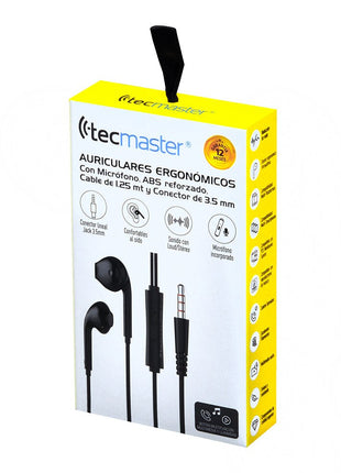 AUDIFONOS TECMASTER ERGONOMICOS INTRAUDITIVOS 1.25 MT 3.5MM NEGROS - Technosun