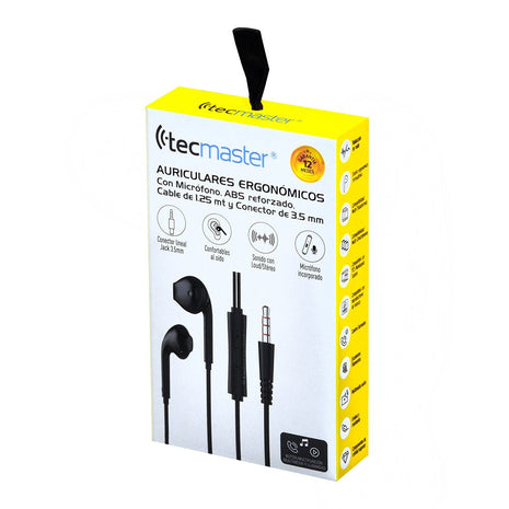 AUDIFONOS TECMASTER ERGONOMICOS INTRAUDITIVOS 1.25 MT 3.5MM NEGROS - Technosun