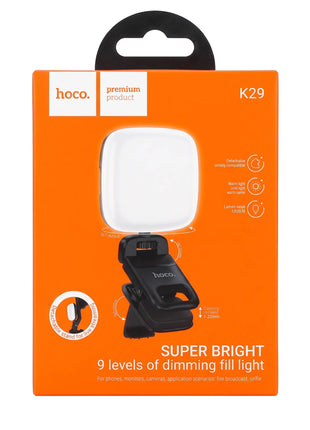 Empaque naranja de luz LED cuadrada Hoco K29 con clip negro ajustable para celular