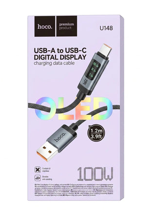 Cable Hoco U148 USB-A a USB-C 100W con Pantalla OLED Negro - Technosun