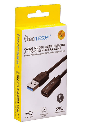CABLE TECMASTER OTG USB 3.0 MACHO A TIPO - C 3.2 HEMBRA 5 GBPS 20W 1.5 MTS - Technosun