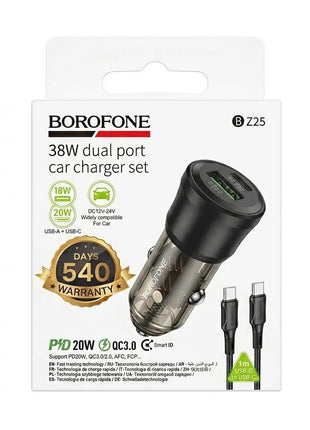 Cargador de Auto Borofone BZ25 20W + 18W Carga Rápida PD + Cable USB - C - Technosun