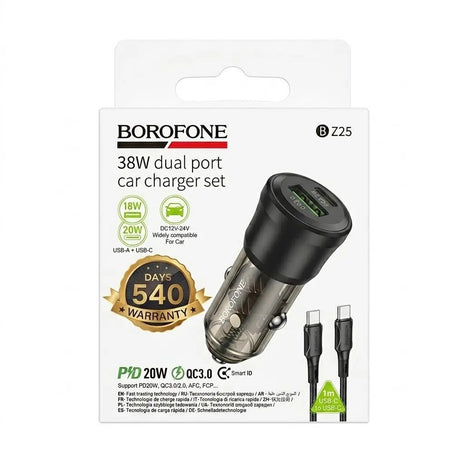 Cargador de Auto Borofone BZ25 20W + 18W Carga Rápida PD + Cable USB - C - Technosun