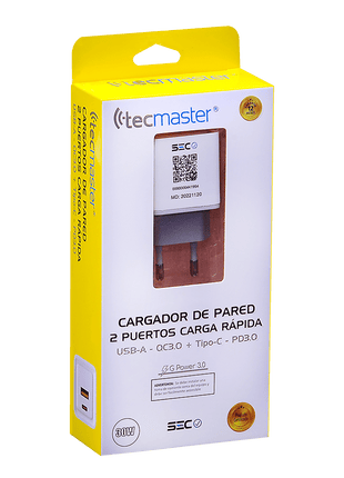 CARGADOR DE PARED TECMASTER 1 PUERTO TIPO - C 1 PUERTO USB A 30W - Technosun