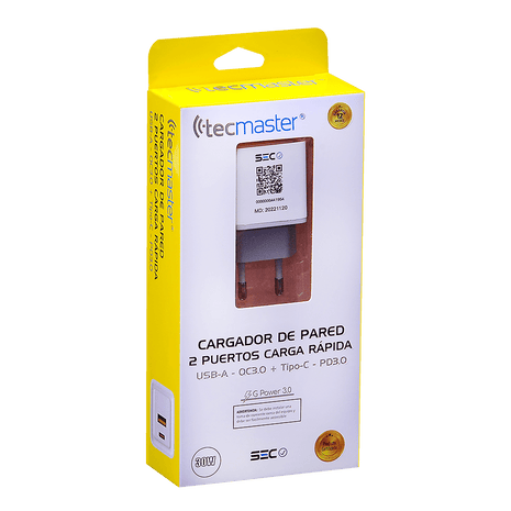CARGADOR DE PARED TECMASTER 1 PUERTO TIPO - C 1 PUERTO USB A 30W - Technosun