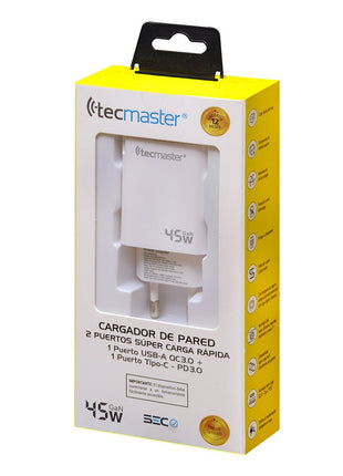 CARGADOR DE PARED TECMASTER 1 PUERTO TIPO - C 1 PUERTO USB A 45W - Technosun