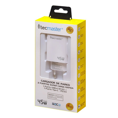 CARGADOR DE PARED TECMASTER 1 PUERTO TIPO - C 1 PUERTO USB A 45W - Technosun