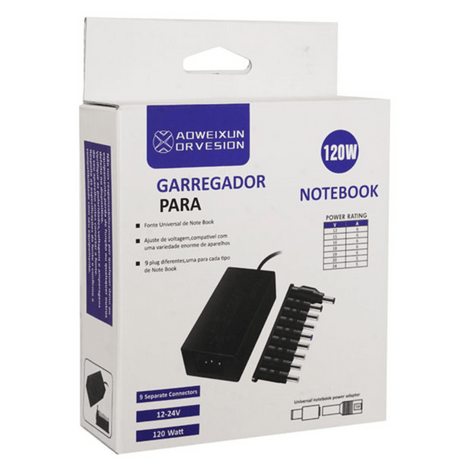 CARGADOR UNIVERSAL DE NOTEBOOK AJUSTABLE 9 CONECTORES 12 - 24V 120W - Technosun