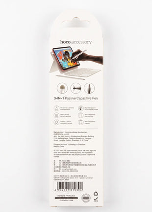 Reverso del empaque del lápiz stylus 3 en 1 Hoco GM111 blanco con especificaciones y tipos de puntas