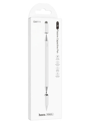 Caja del lápiz stylus táctil 3 en 1 Hoco GM111 blanco con ilustración del producto y sus puntas