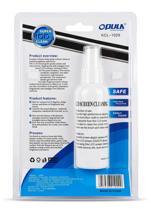 Botella de spray limpiador de pantallas OPULA KCL-1029 de 100 ml en empaque blíster.