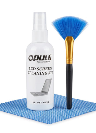 Kit de limpieza de pantallas Opula con líquido en spray de 100ml, brocha de cerdas azules y paño de microfibra.
