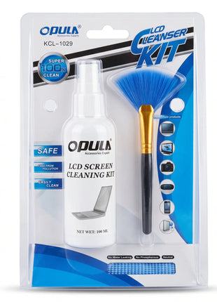 Kit limpiador de pantallas Opula en blíster con spray de 100 ml, brocha azul tipo abanico y paño de microfibra