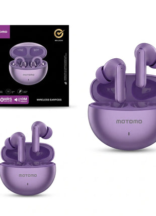 Audífonos inalámbricos Motomo MO-L0245 color lila con estuche de carga abierto y caja de empaque