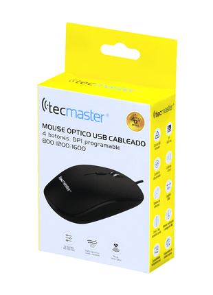 MOUSE OPTICO TECMASTER CABLEADO 4 BOTONES 800/1200/1600 DPI NEGRO - Technosun