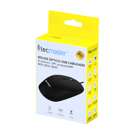 MOUSE OPTICO TECMASTER CABLEADO 4 BOTONES 800/1200/1600 DPI NEGRO - Technosun