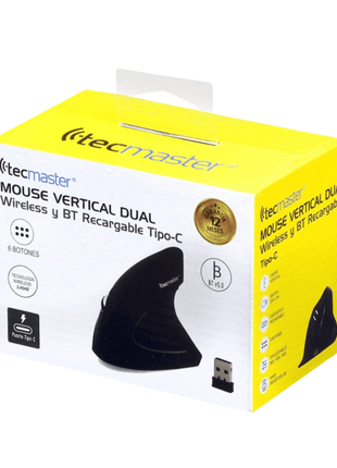 MOUSE VERTICAL TECMASTER DUAL WIRELESS Y BLUETOOTH RECARGABLE TIPO - C NEGRO - Technosun