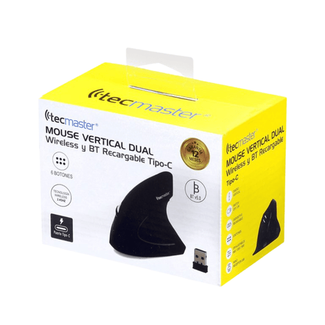 MOUSE VERTICAL TECMASTER DUAL WIRELESS Y BLUETOOTH RECARGABLE TIPO - C NEGRO - Technosun