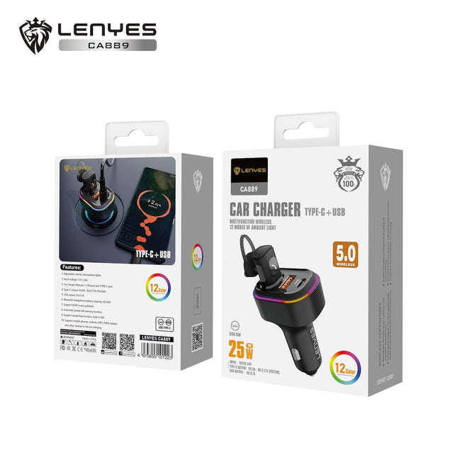 CARGADOR DE AUTO LENYES CA889 25W BT 5.0 + MANOS LIBRES