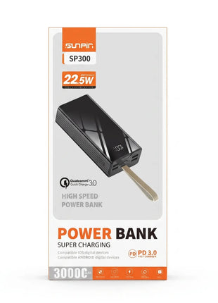 Power Bank Sunpin SP300 30.000 mAh Carga Rápida 22.5W - Technosun