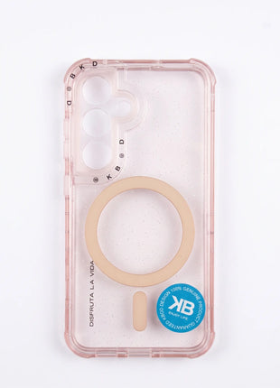 Carcasa magnética KBOD Urban Play para Samsung Galaxy S25 rosada transparente con brillos y aro magnético