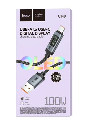 Cable Hoco U148 USB-A a USB-C 100W con Pantalla OLED Negro
