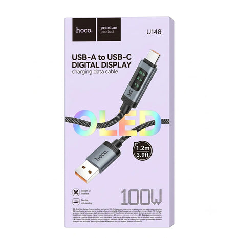 Cable Hoco U148 USB-A a USB-C 100W con Pantalla OLED Negro
