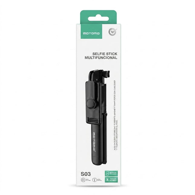 Selfie stick multifuncional MOTOMO S03 plegado en su empaque original